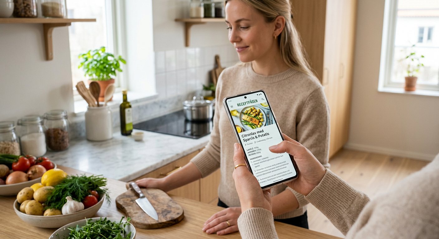 Modern receptsökning via app med köksbakgrund.