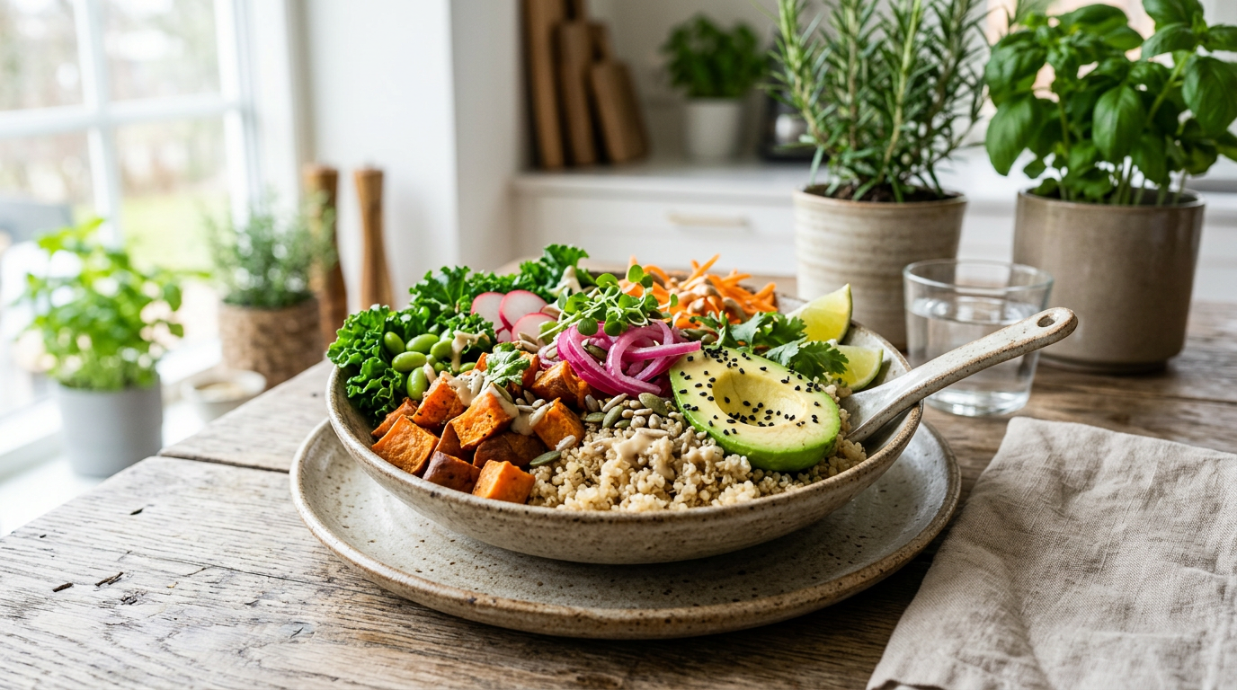 Färgglad vegansk bowl: hälsa och hållbar matlagning.