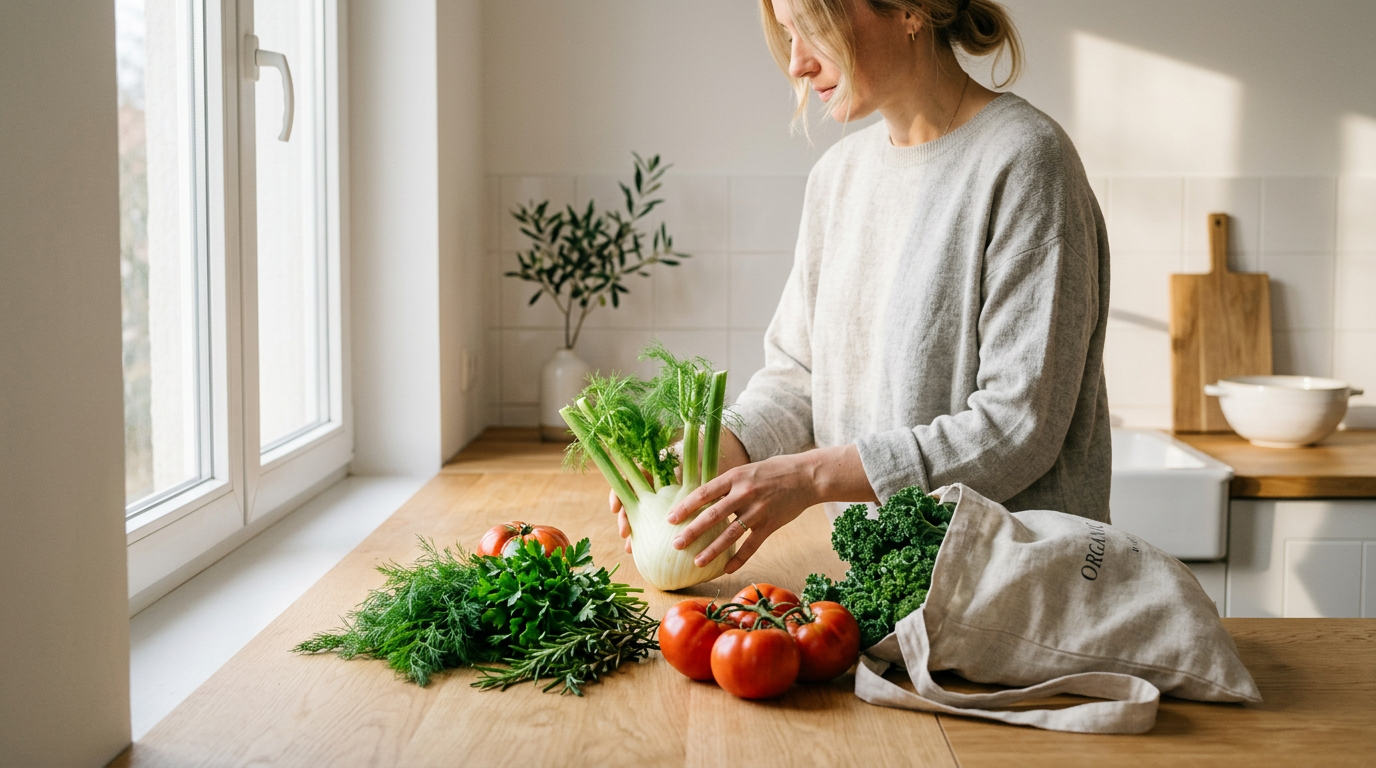 Person packar färska grönsaker i ljust kök.