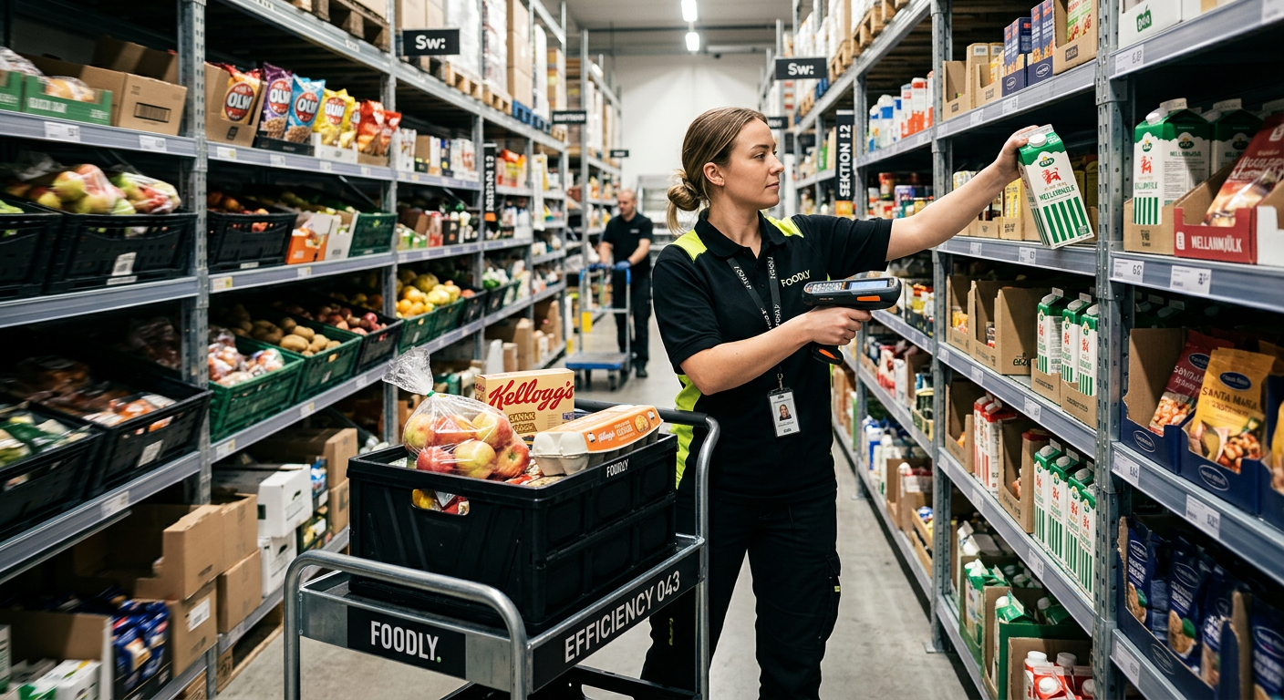Anställd plockar varor i lager för matleverans.