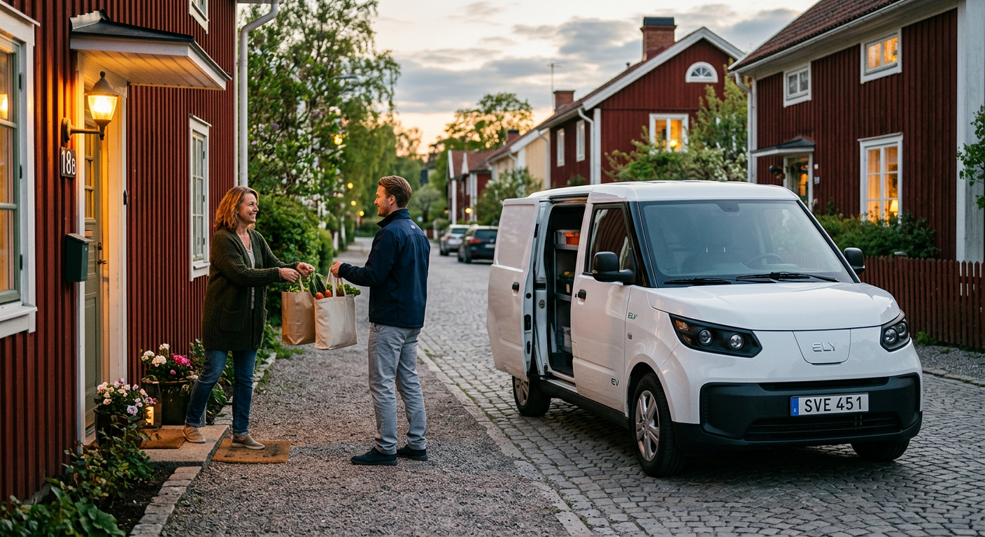 El-lastbil för leveranser på lugn villagata.