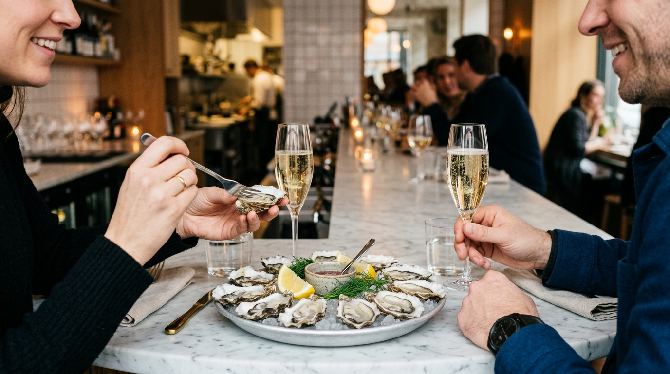 Skålar med champagne på västkusten, med ostron och havet.