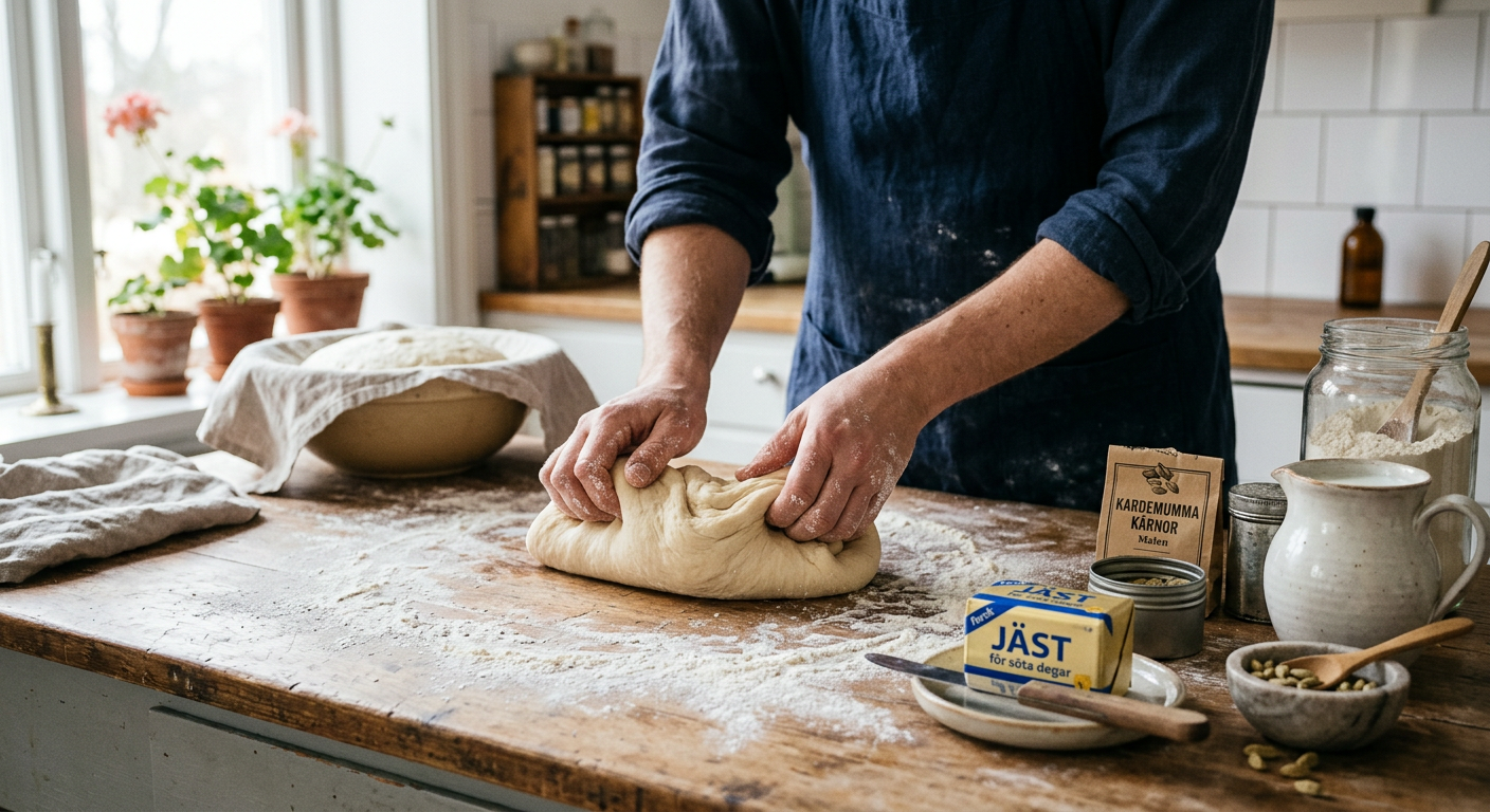 Händer knådar deg, jäst, kardemumma, mjölk, bakbord.