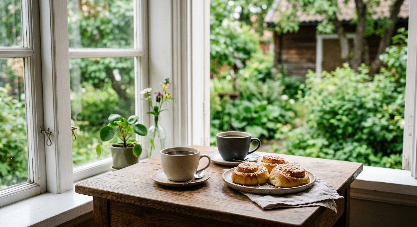 Kaffe, bullar och fönsterutsikt: en lugn fikastund.