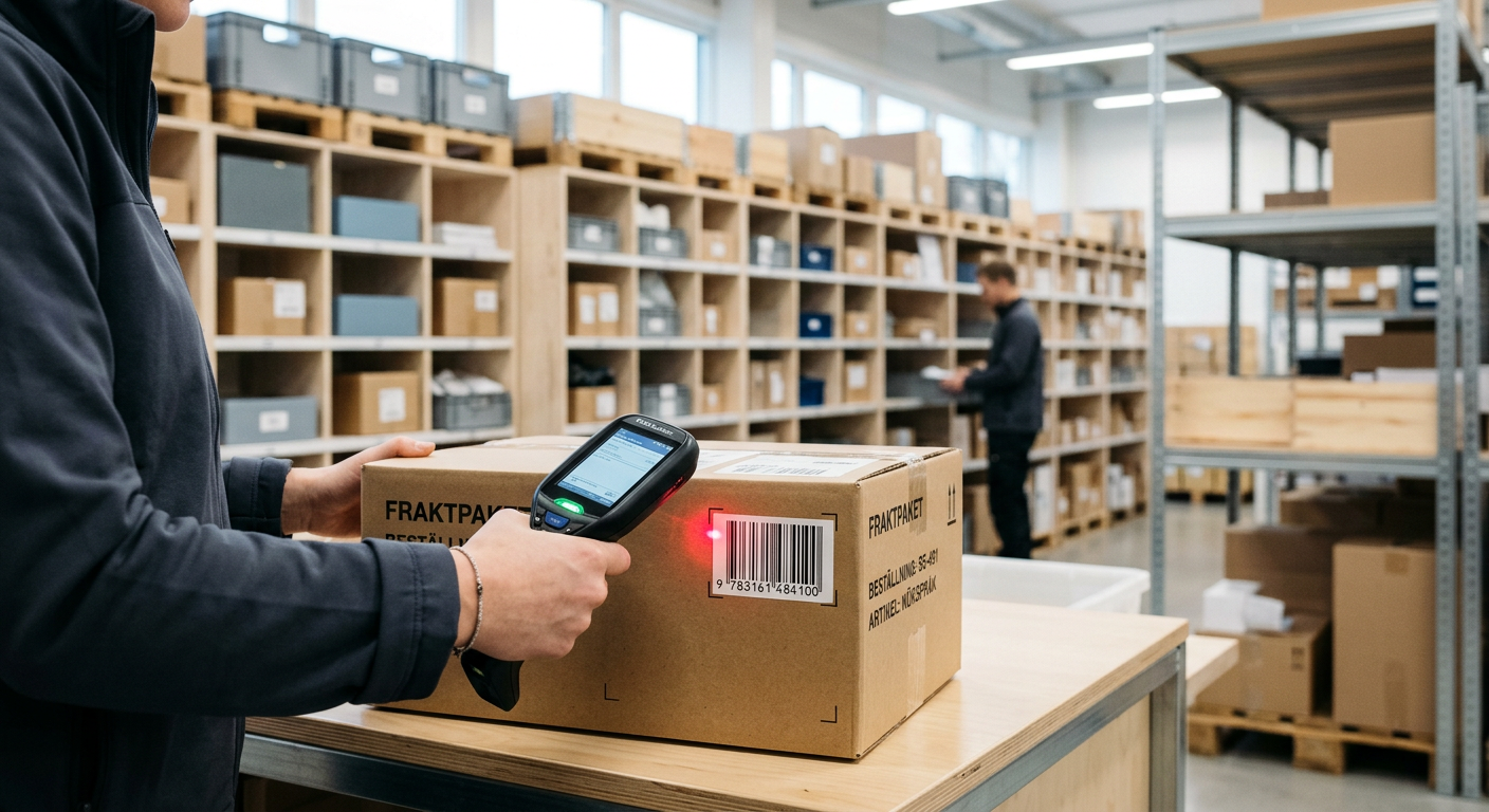 Handhållen skanner som läser av ett paket i ett lager.