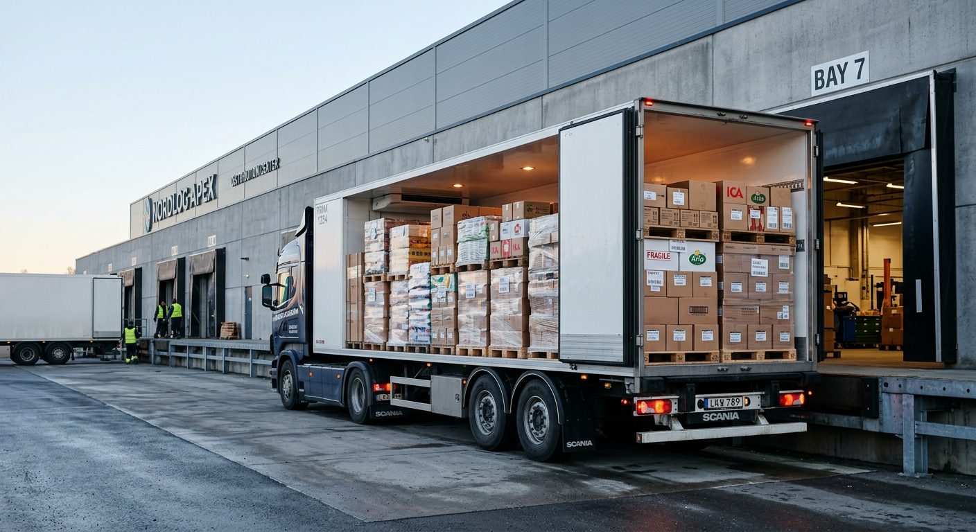 Lastbil som lastar varor vid ett distributionscenter.