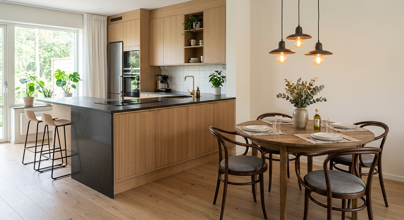 Modernt kök och matplats med smarta zoner och designlampor.