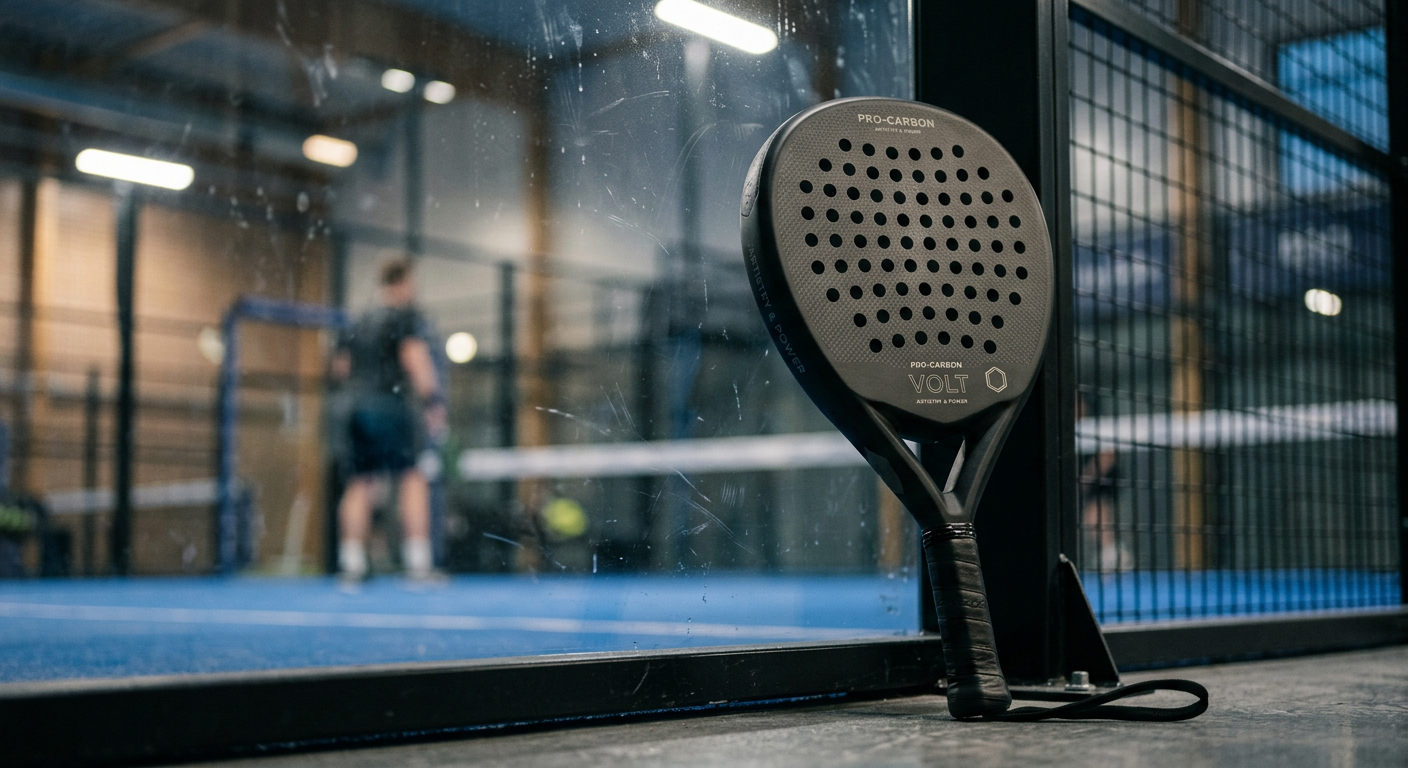 Padelracket mot glasvägg, reflektion ger djup.
