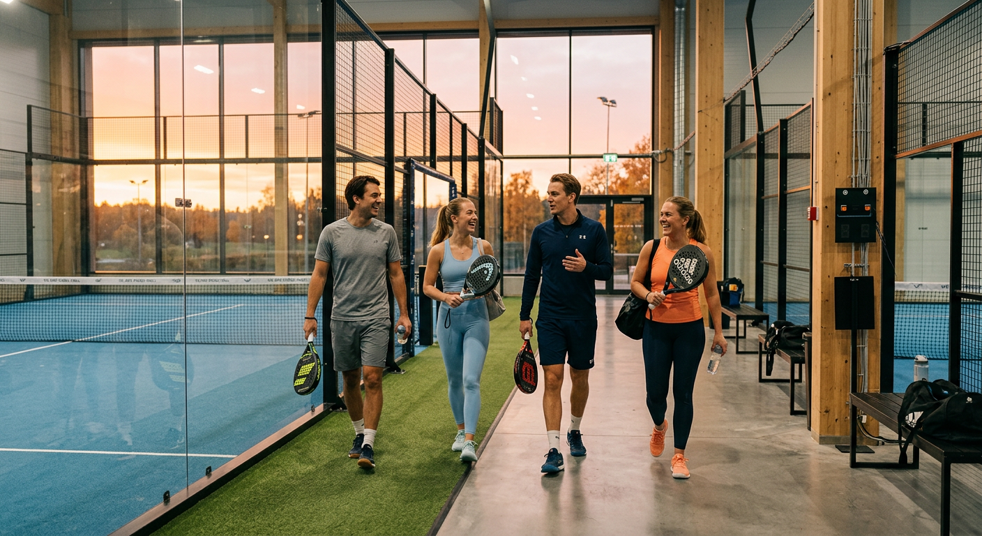 Padelspelare går av banan, skrattar efter matchen i solnedgången.
