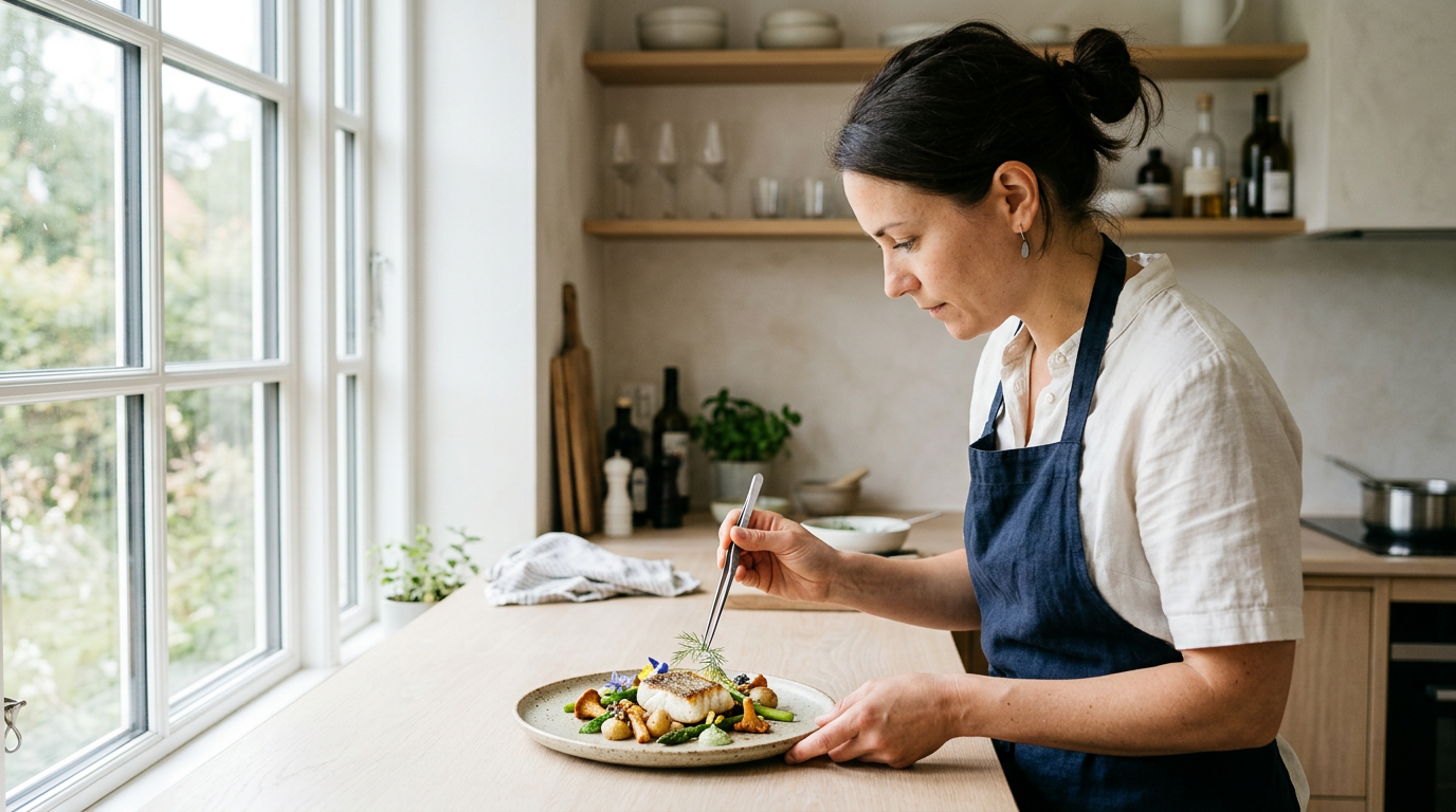 En minimalistisk och ljus köksmiljö i skandinavisk stil. En kock, sedd från sidan, lägger sista handen vid en vackert upplagd tallrik med nordiska råvaror. Ljuset faller in från ett stort fönster. Fok