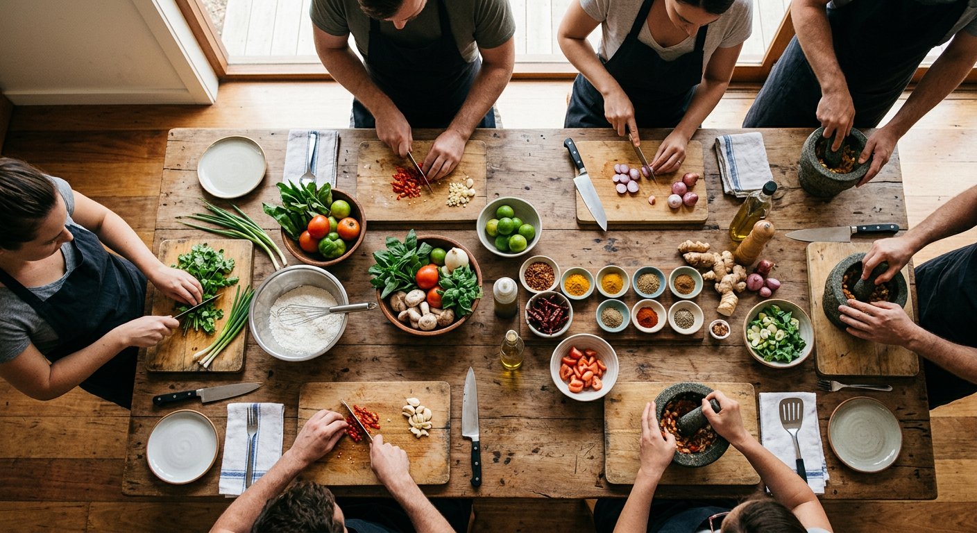 Fågelperspektiv av ett rustikt träbord där flera personer deltar i en matlagningskurs. Händer som hackar färska grönsaker, skålar med kryddor och mjöl. Gemytlig och fokuserad stämning. Varmt och inbju