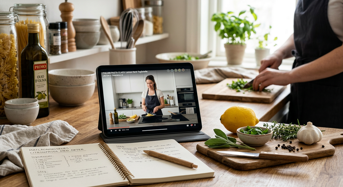 Närbild på en surfplatta som visar en online-matlagningskurs. Bredvid ligger en anteckningsbok och några färska ingredienser som örter och en citron. Scenen antyder lärande och förberedelse i ett hemm