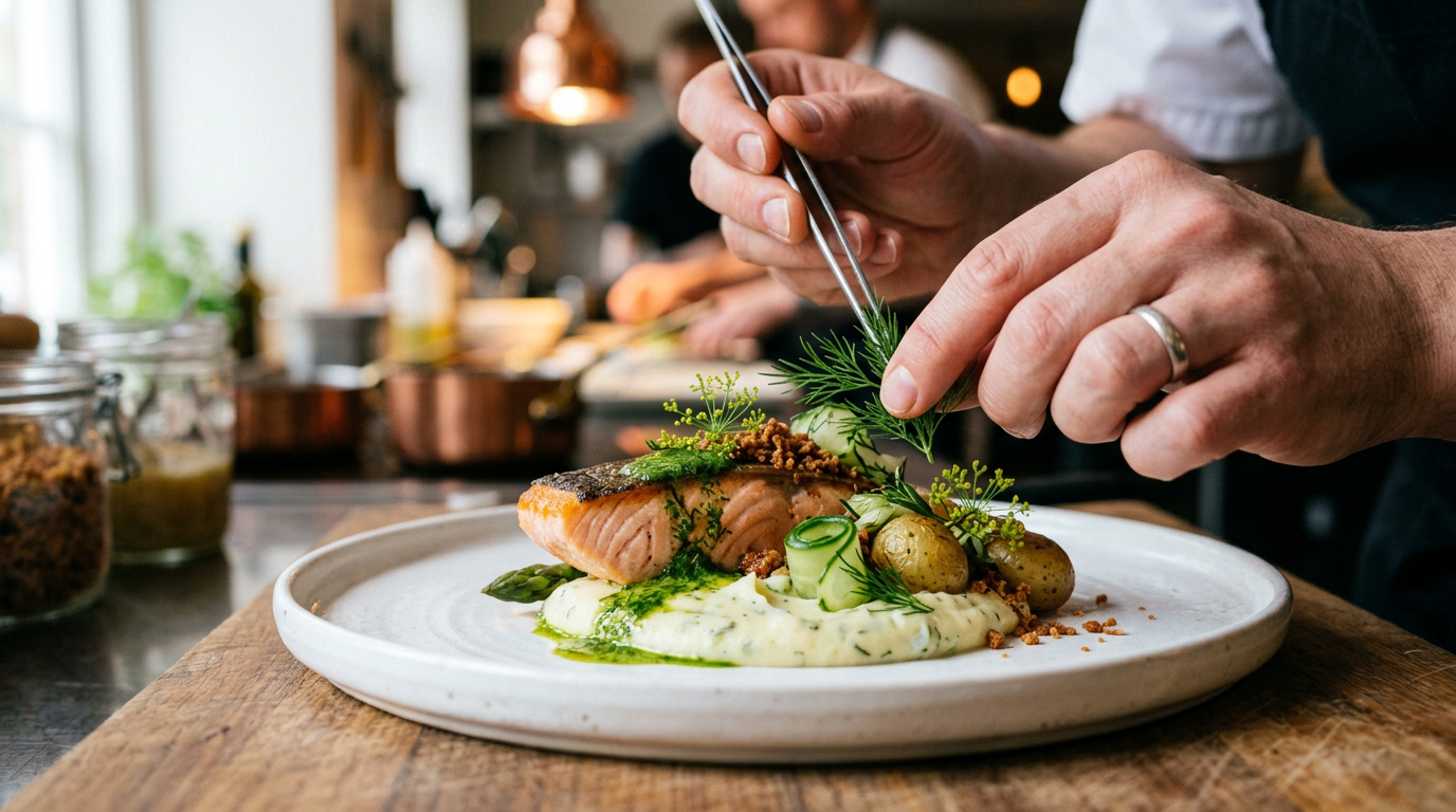 En kock som noggrant lägger upp en laxrätt på en tallrik.