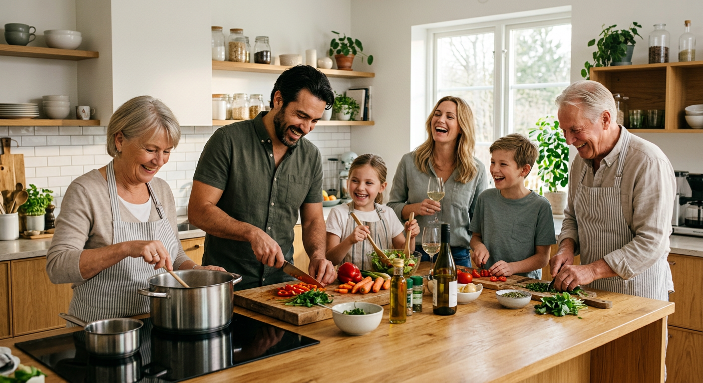 Vänner som lagar mat och skrattar tillsammans i ett ljust kök.