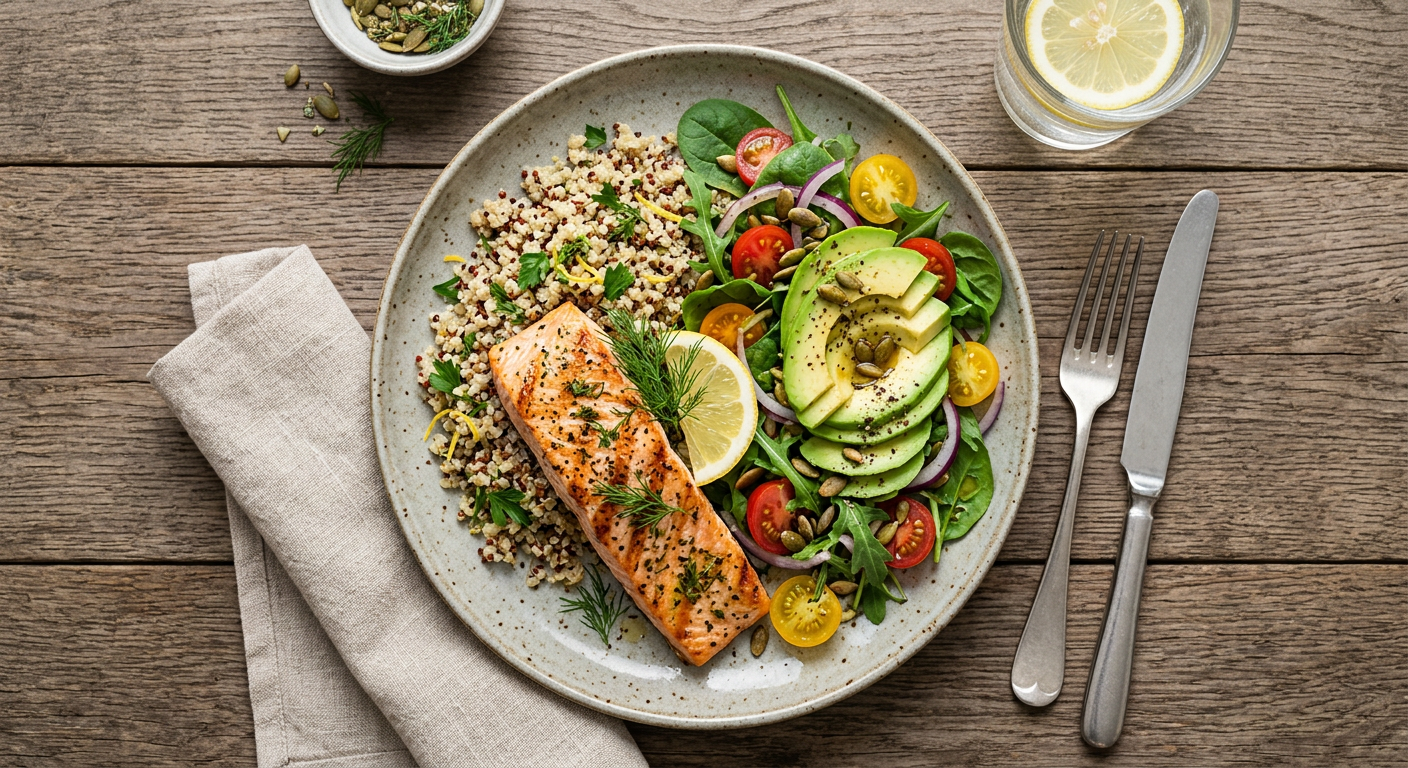 Hälsosam och näringsrik måltid med lax, quinoa och sallad.