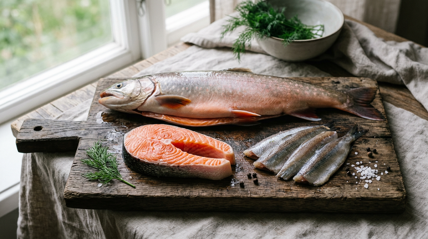 Svenska fiskar: röding, lax och strömming på en träbräda.