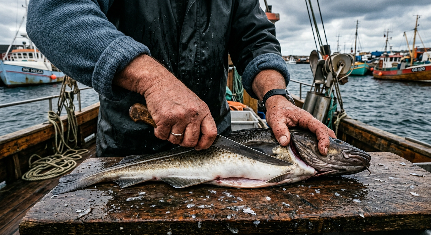 Skickliga händer rensar färsk torsk, tradition och hantverk.