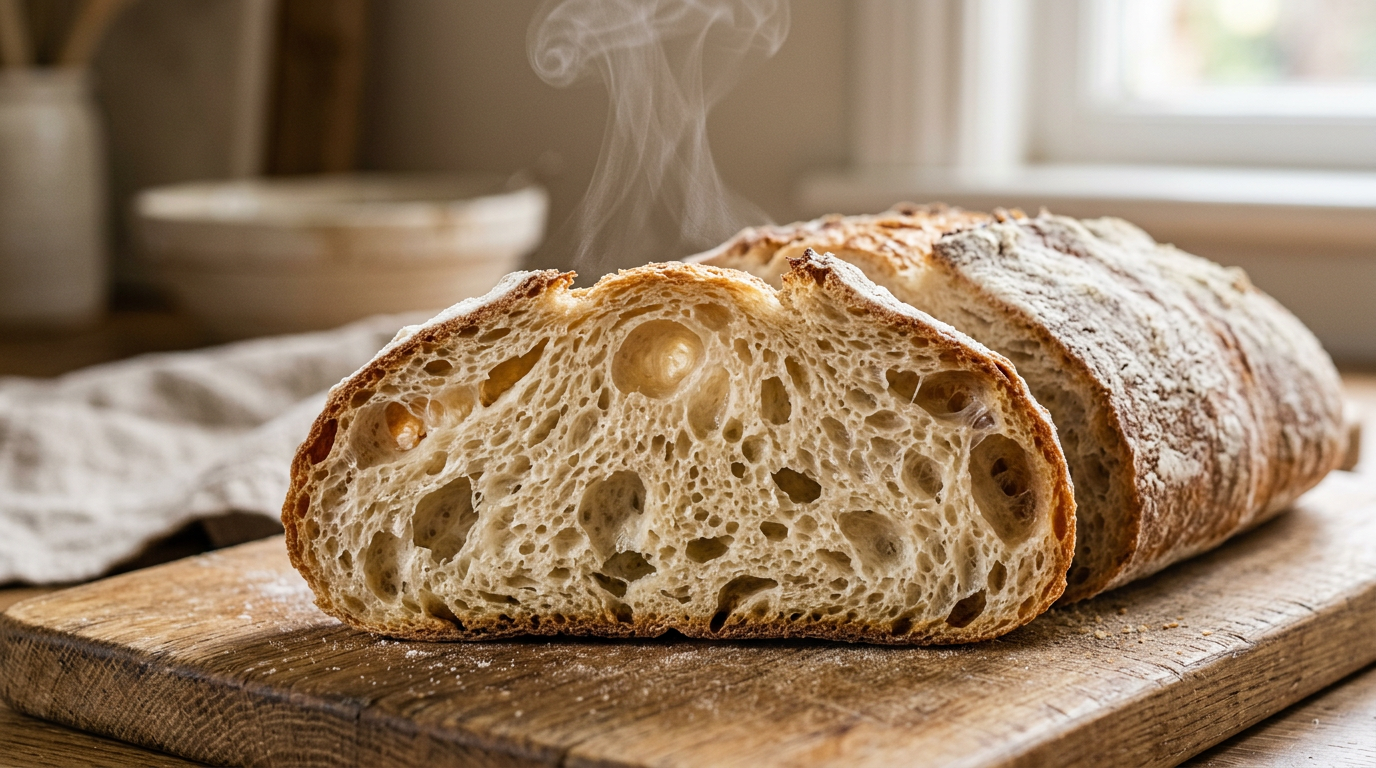 Närbild på det luftiga inkråmet i en skivad ciabatta.