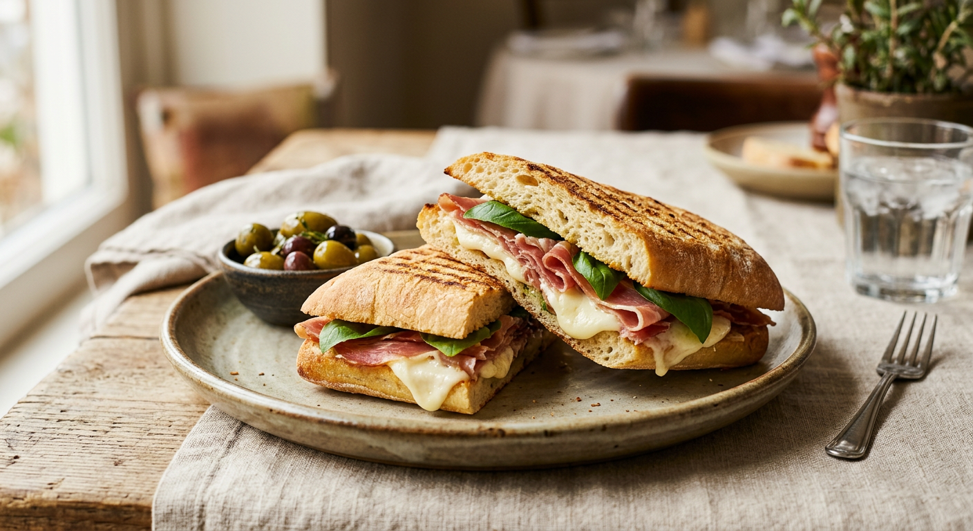 Två färdiga panini-smörgåsar gjorda på ciabattabröd.