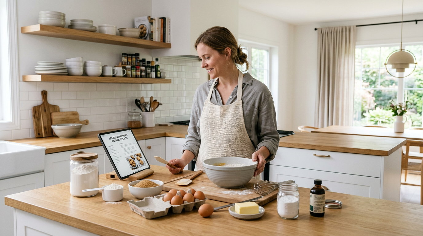 Modern skandinavisk köksmiljö med ingredienser och en surfplatta för recept.