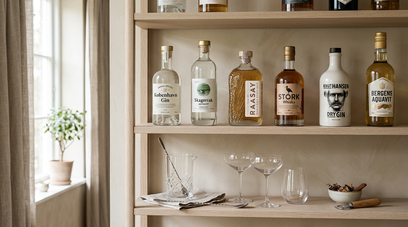 A sophisticated and minimalist photograph of a well-stocked, modern home bar. Scandinavian design with light wood and clean lines. Several artisanal-looking bottles of gin, whiskey, and akvavit are ar