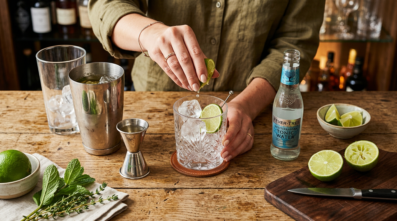 An overhead shot of a rustic wooden table where someone is preparing a cocktail. You can see a cocktail shaker, a jigger, a beautiful crystal glass with ice, and a bottle of high-end tonic water. A ha