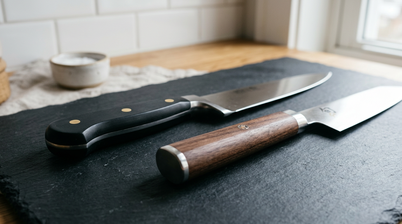 Jämförelse mellan handtag på en tysk och en japansk kockkniv.