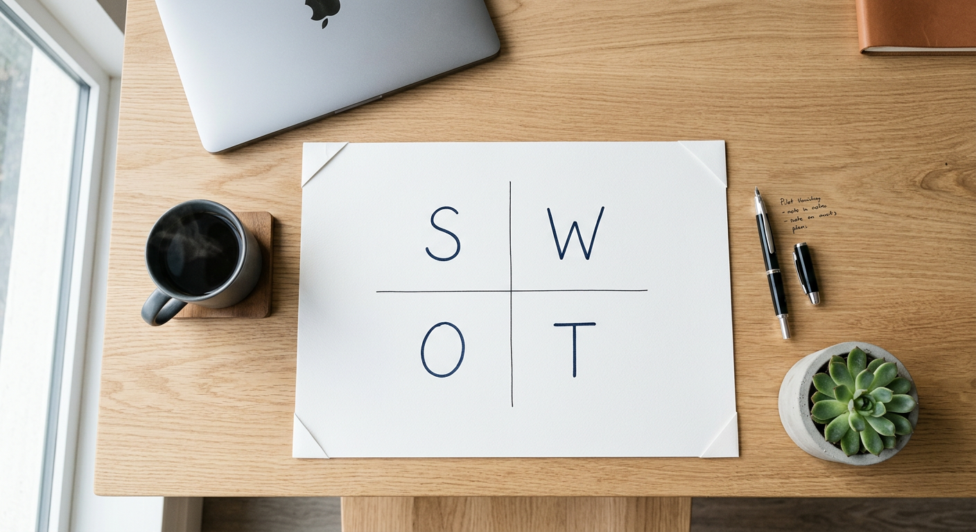 A minimalist and sophisticated flat lay photo of a large white paper on a Scandinavian light wood table. On the paper, a 2x2 grid is drawn with the letters S, W, O, T in each quadrant. Around the pape
