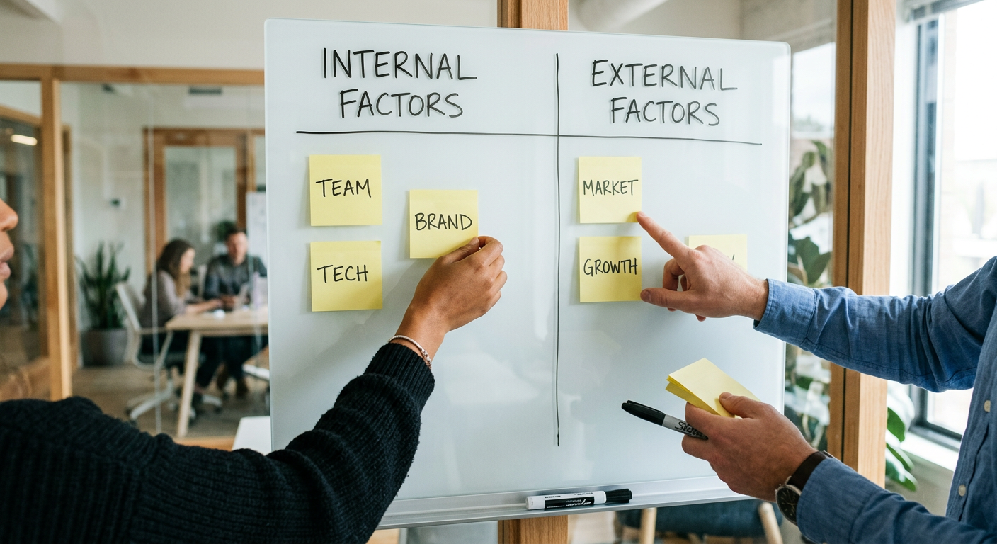 Closeup shot of two hands in a collaborative meeting, placing sticky notes on a whiteboard divided into 'Internal' and 'External' factors. The notes have simple keywords like 'Brand,' 'Team,' 'Market,