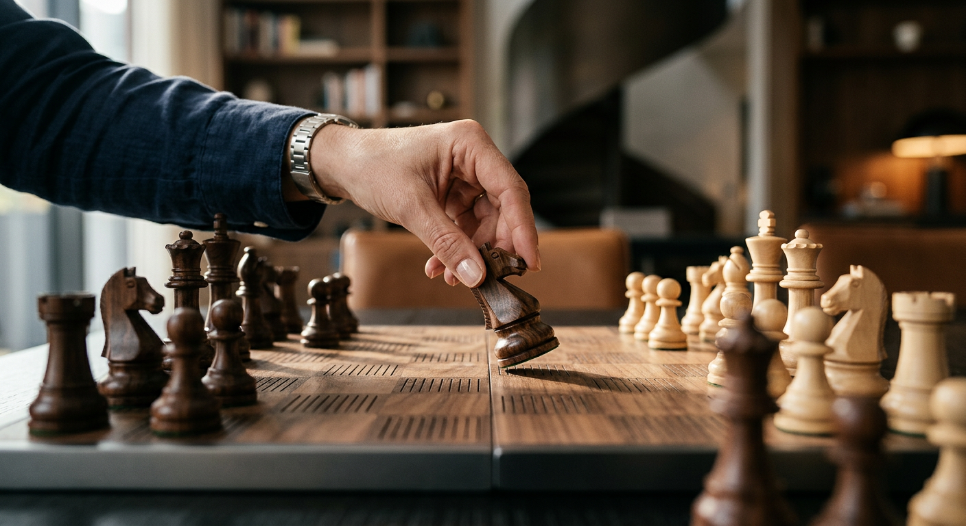 An abstract lifestyle photo representing strategy and forward motion. It shows a person's hand moving a chess piece (a knight) decisively across a modern, minimalist chessboard. The other pieces are s