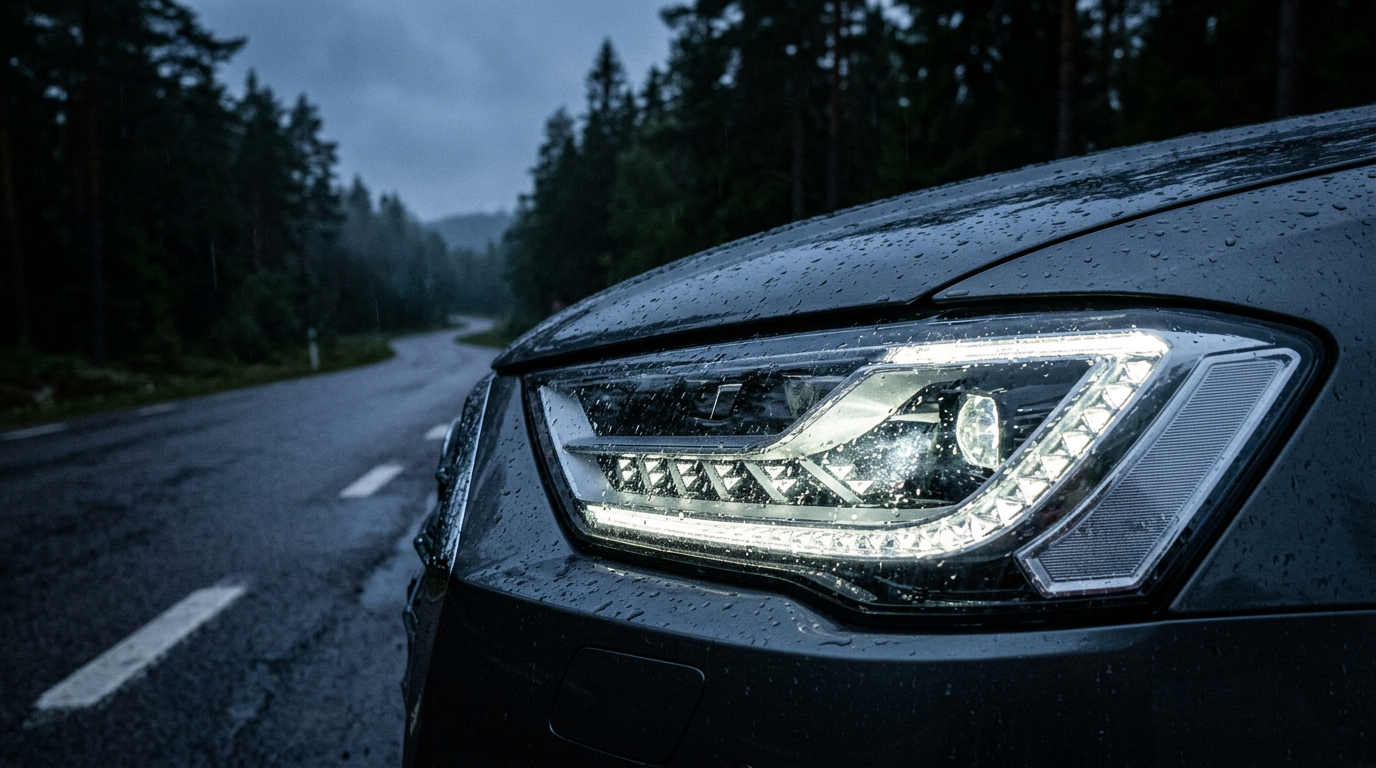 Modern bilstrålkastare lyser upp mörk, våt skogsväg.
