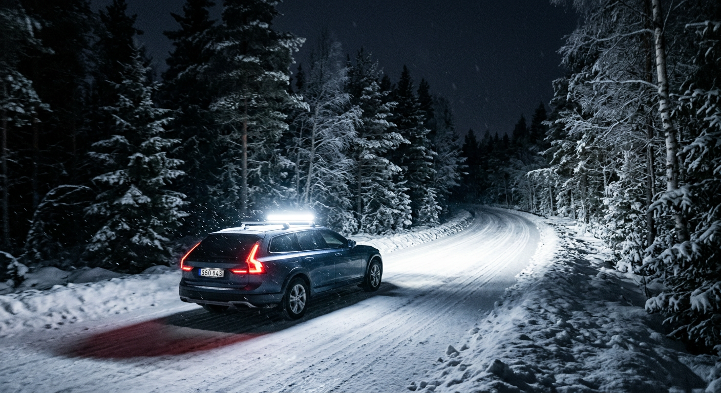Bil på svensk vinterväg i mörker upplyst av LED-ljus.