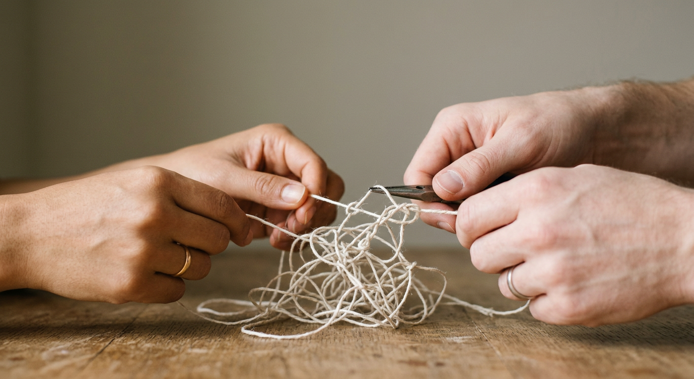 Händer reder varsamt ut trassligt snöre.
