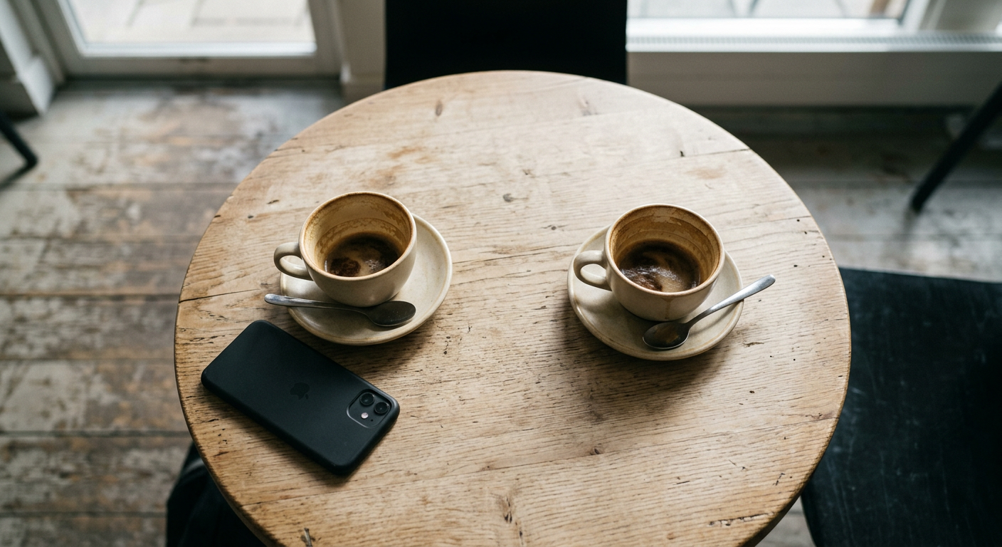 Tomt cafébord med kaffekoppar och mobiltelefon.