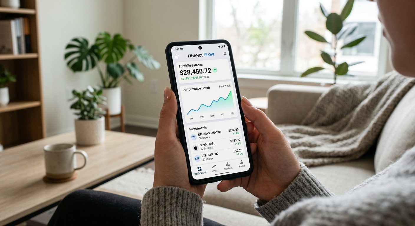 Modern investeringsapp för fonder på en mobiltelefon.