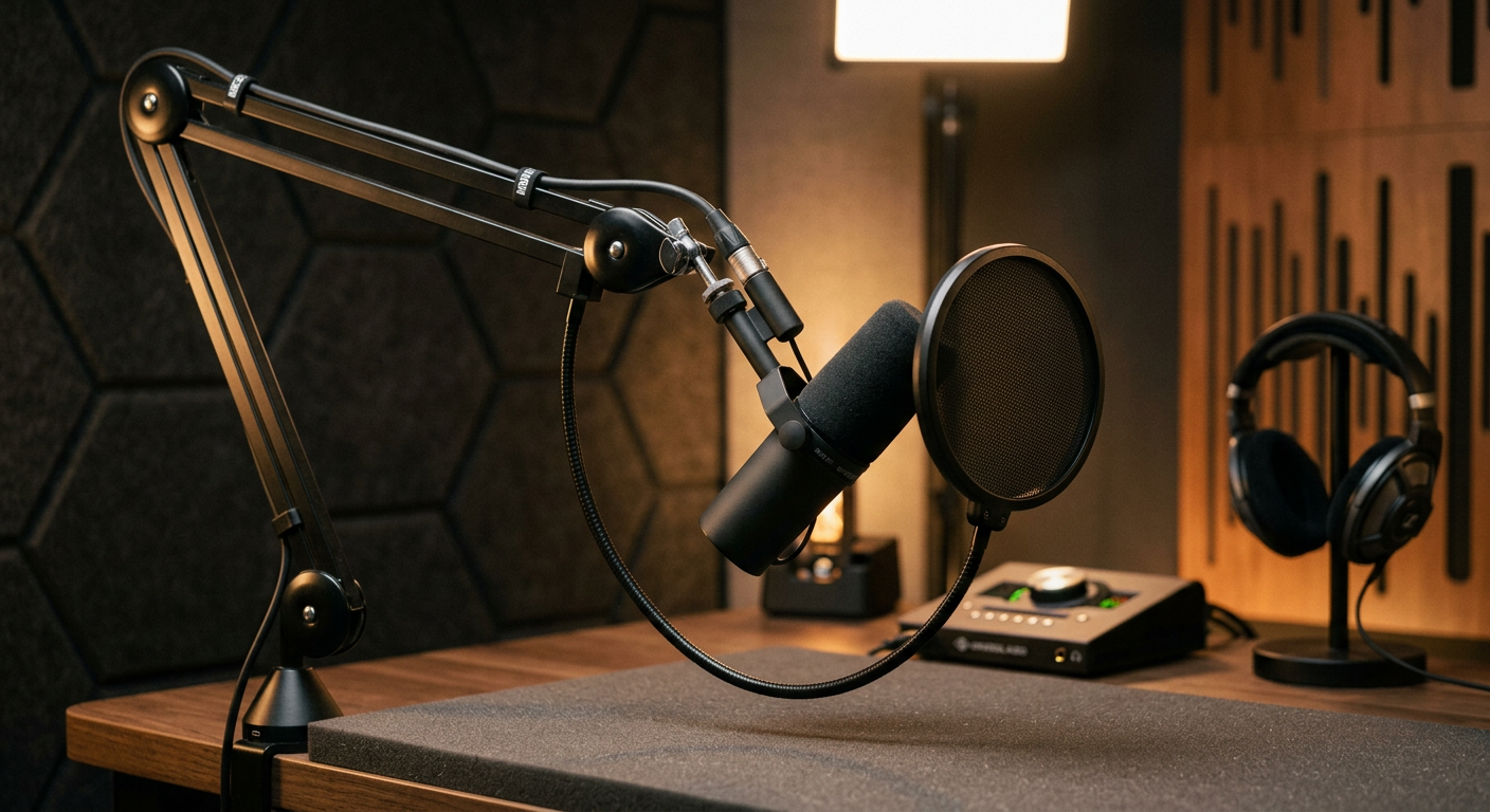 Närbild på en professionell mikrofon i en inspelningsstudio för poddar.