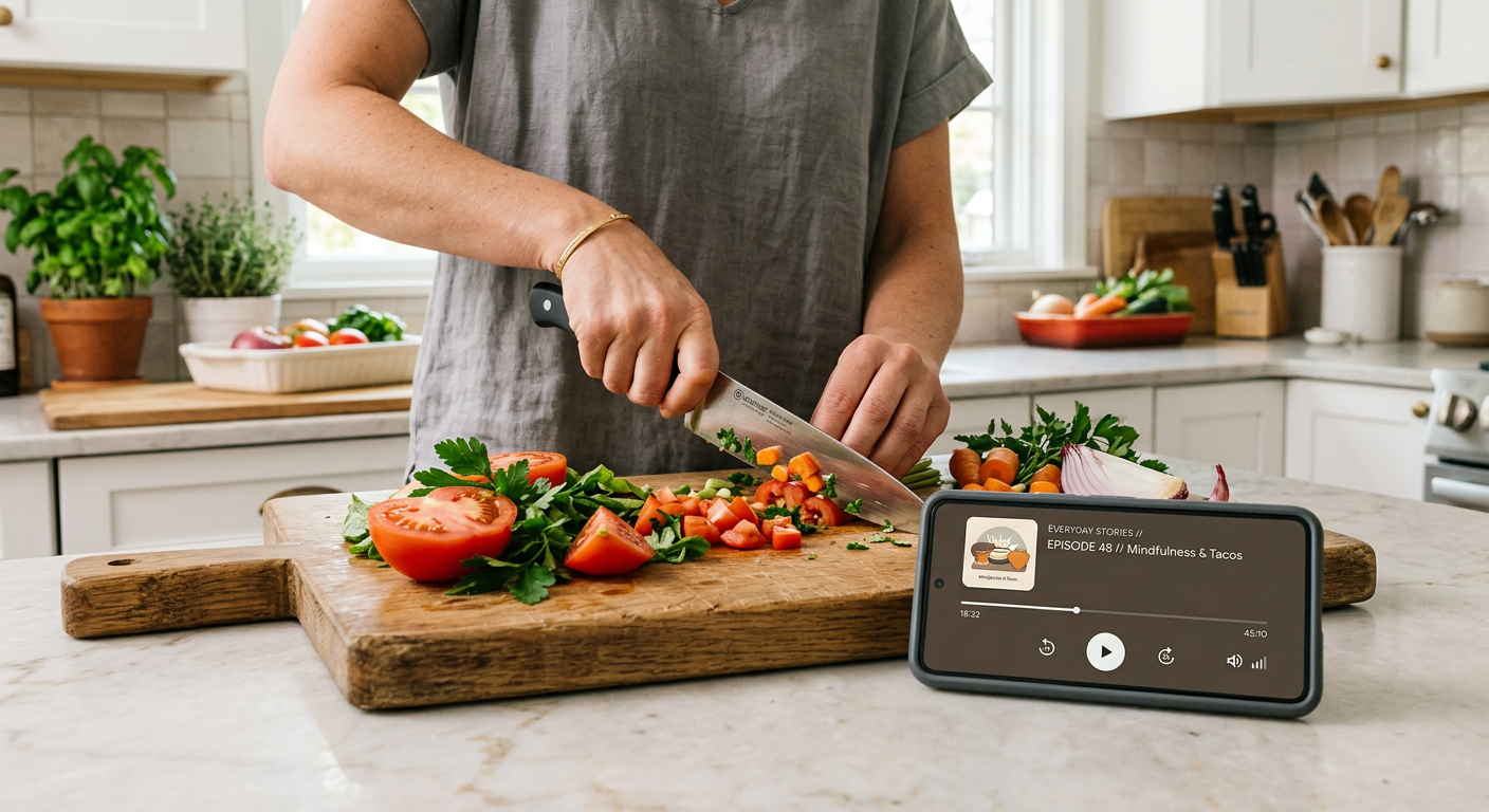 Person som lagar mat i ett kök med en mobil som spelar en podd.