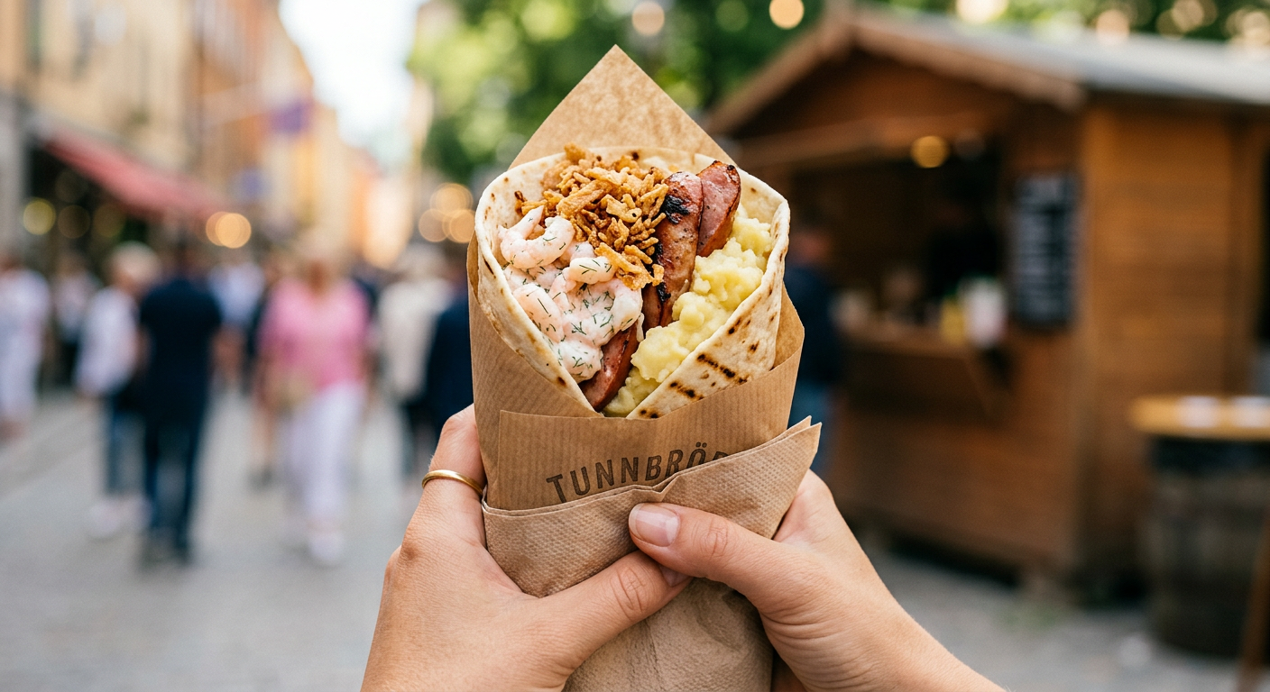 Tunnbrödsrulle med korv, mos, räksallad och krispig ro.