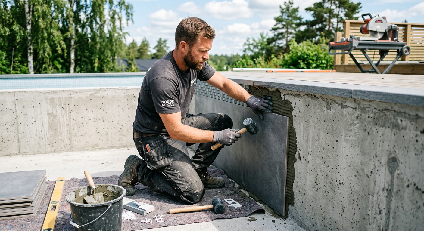 Poolbyggare installerar grå klinker i poolskal.