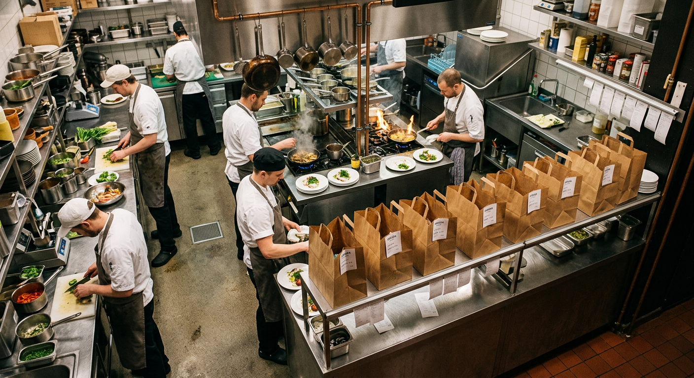 Travlt restaurantkjøkken, klar take away.