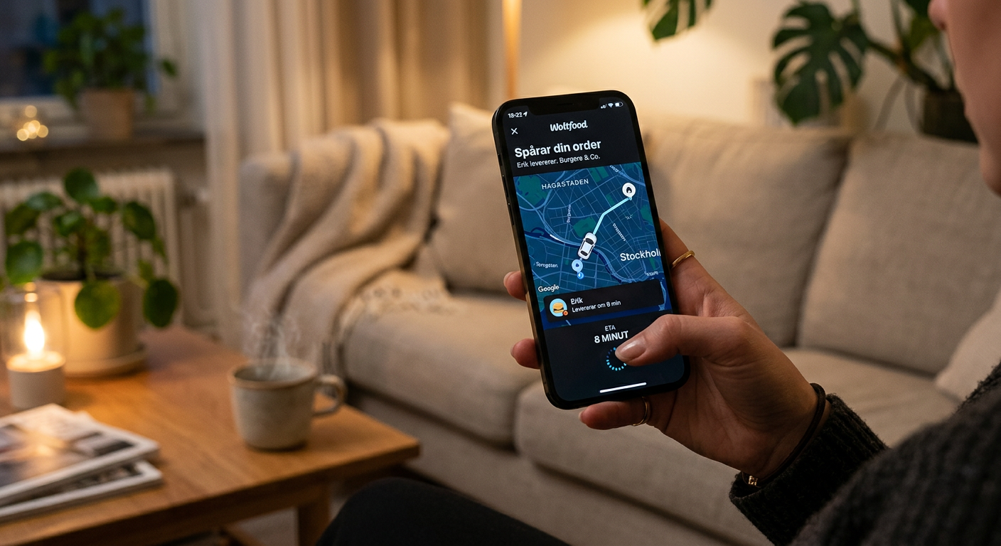 Hand med smartphone, matleveransapp och hemmiljö.