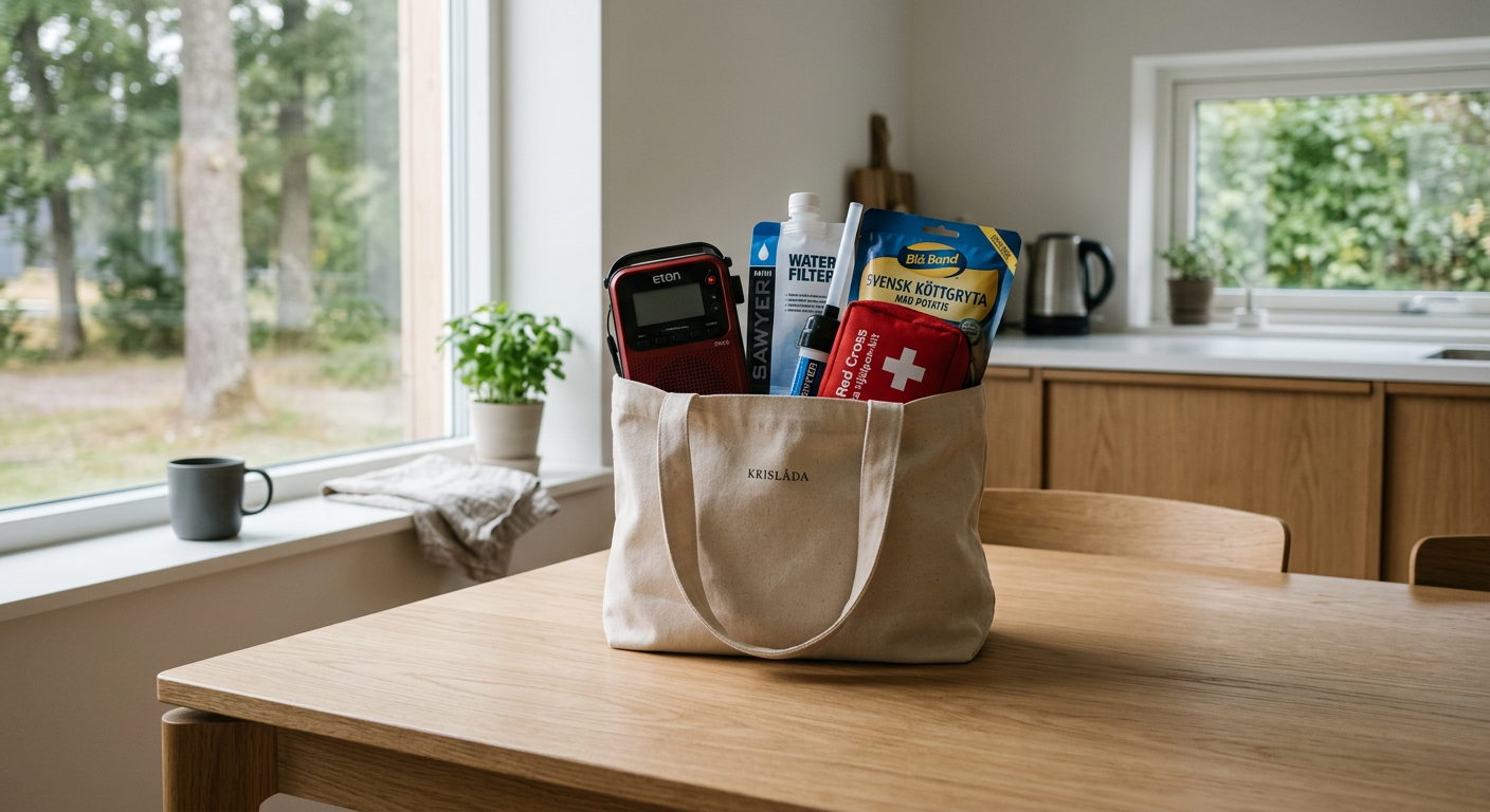 Krislåda med radio, filter, första hjälpen, mat på köksbord.