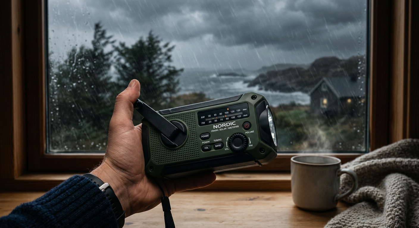 Hand som håller vevradio, trygg inne med storm utanför.