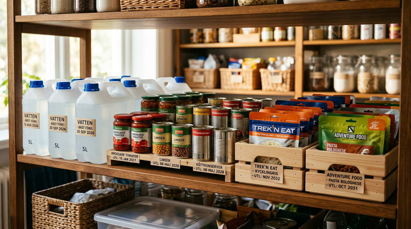 Ordnat skafferi med hållbar mat och datum.