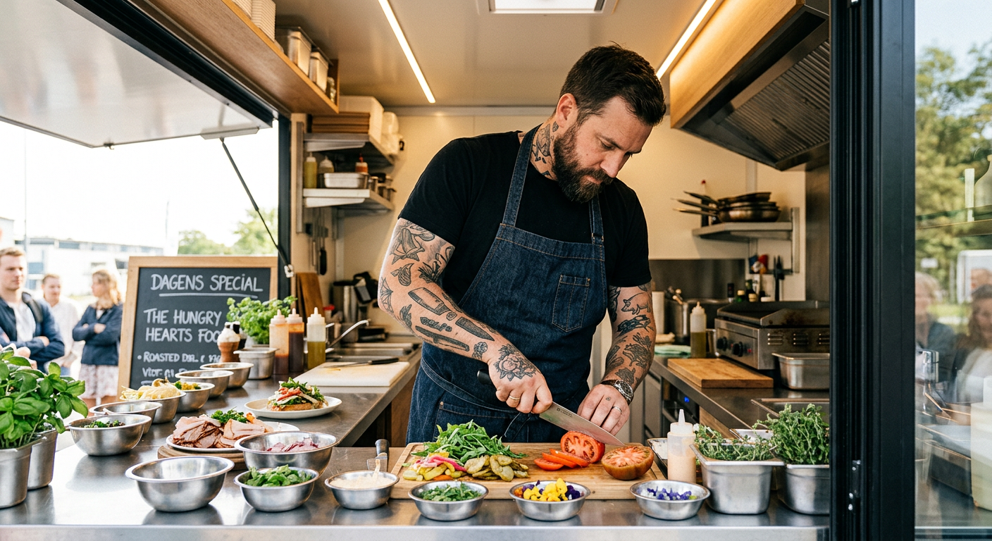 Kock som med hantverksskicklighet lagar mat i en modern foodtruck.