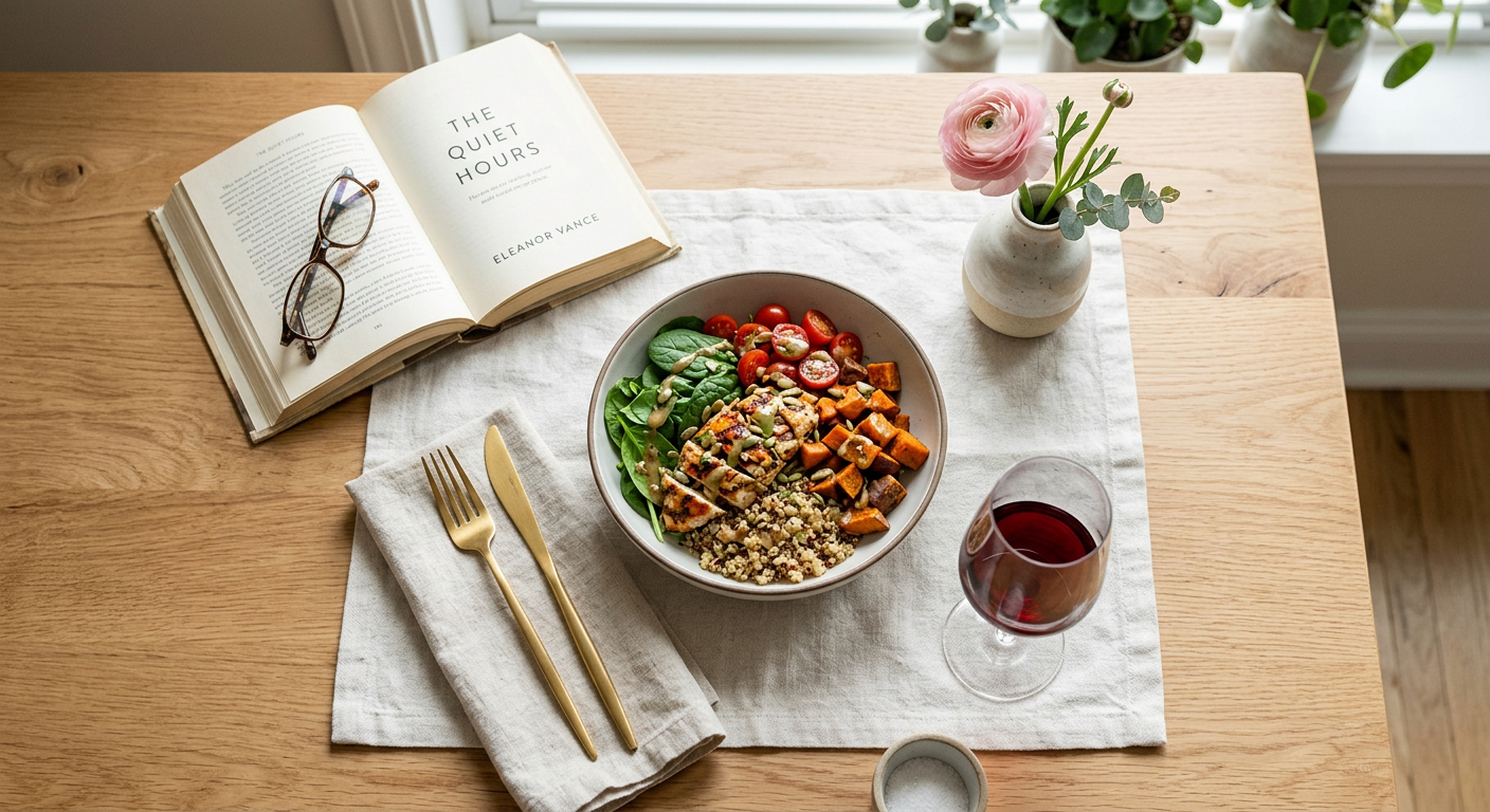 Vackert dukat bord för en person med mat och en bok.