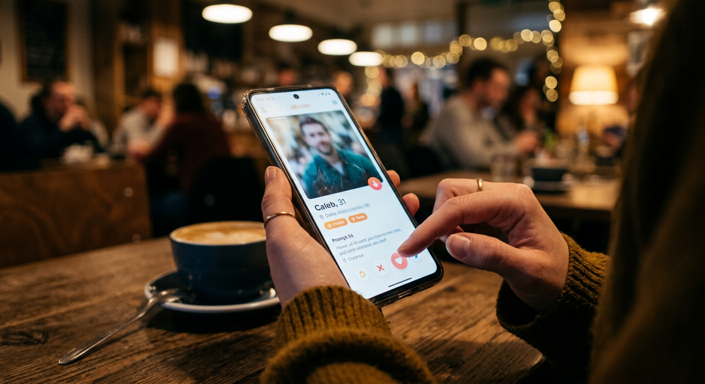 Närbild på en mobiltelefon som visar en dejtingapp i en café-miljö.