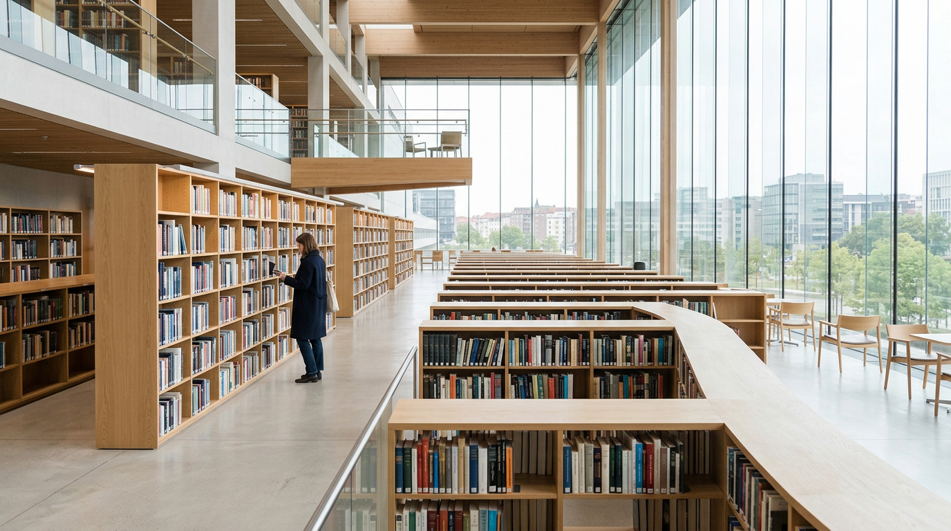 A wide, cinematic shot of a modern, minimalist Scandinavian library interior. Soft, natural light streams through large windows, illuminating rows of books. A single person is seen in the distance, br