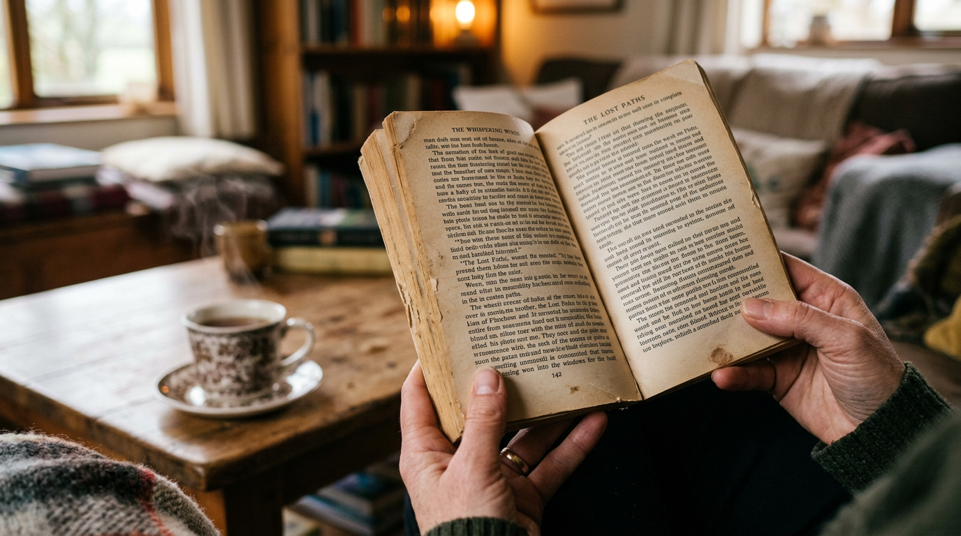 A close-up shot of a person's hands holding an open, well-loved paperback book. In the background, slightly out of focus, is a cozy living room with a warm cup of tea on a wooden table. The focus is o
