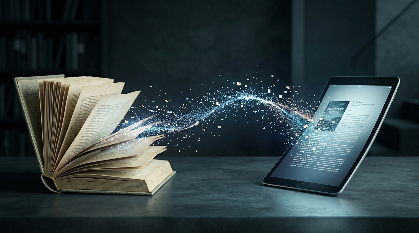 An abstract, conceptual image representing the transition from physical to digital books. On one side, a physical book's pages are turning into glowing, pixelated particles that flow towards a sleek,